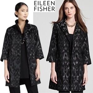 EILEEN FISHER Black Jacquard Open Front Long Blazer Jacket Coat Silver Artisan S